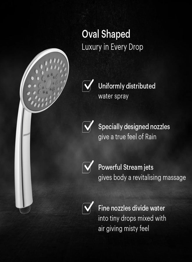 Johnson Bathrooms دش يدوي بيضاوي الشكل من جونسون هيدرا بثلاثة تدفقات مع خرطوم بطول 1.5 متر وخطاف | إعداد تدفق متعدد 3 في 1 | مطر، تدليك، ورذاذ | مصنوع من مادة ABS | ضمان لمدة عام واحد | (S0052OAMZ - كروم) - Image 5